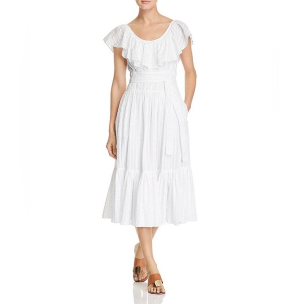 Tory Burch Off Shoulder White Cotton Seersucker Striped Ruffle Dress, size 2
